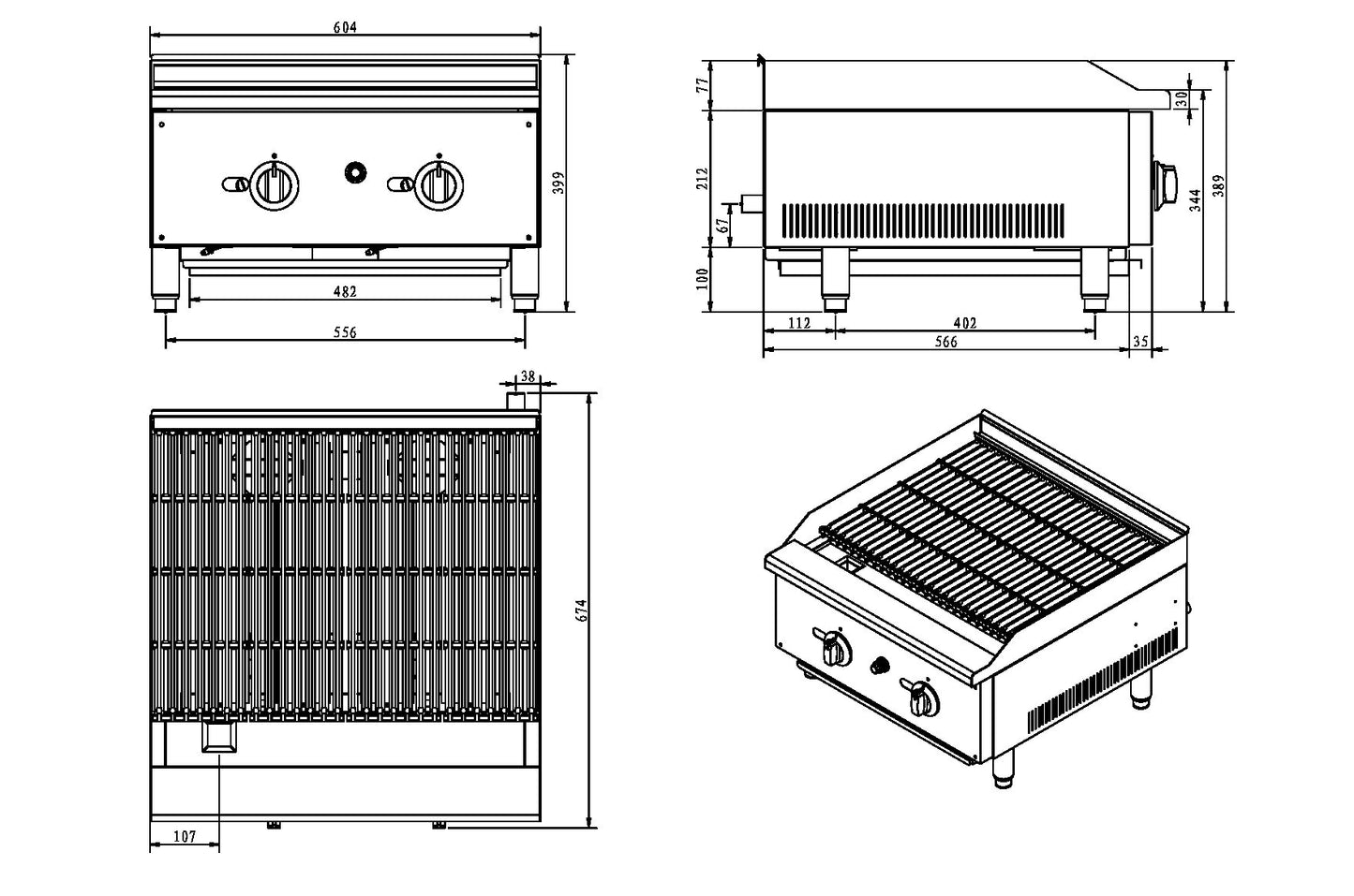 Infernus 2 Burner Gas Radiant Charbroiler/Chargrill – 60cm/24″
