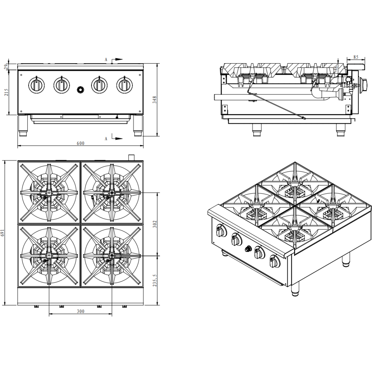 Infernus 4 Burner Hob Gas Hotplate Cooker – 60cm/24″